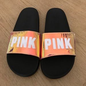VS Pink Single Strap Slides Chrome/Holo Sz M